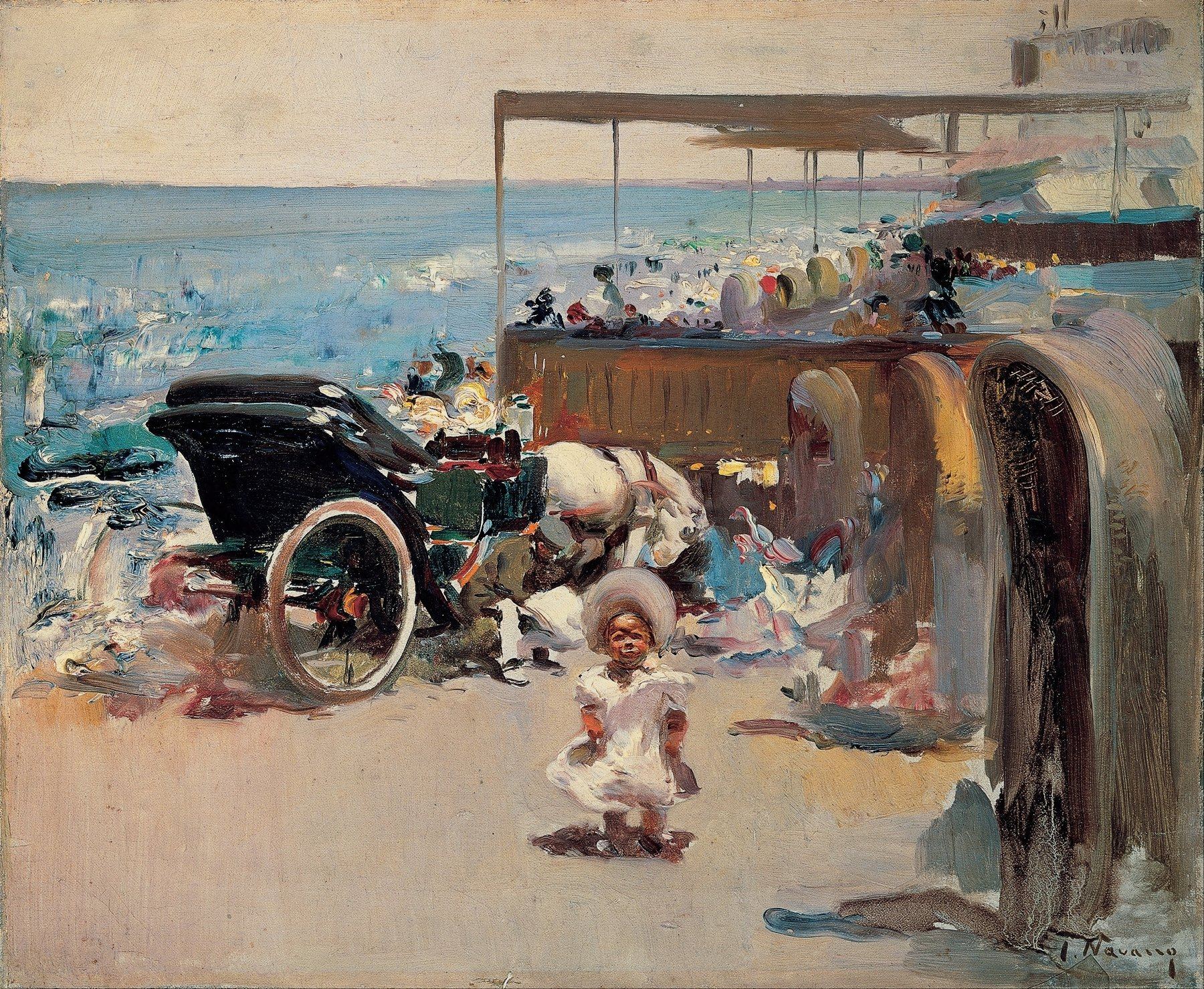 Horse-Drawn Carriage and Child on the Beach, José Navarro Llorens, c. 1908–12